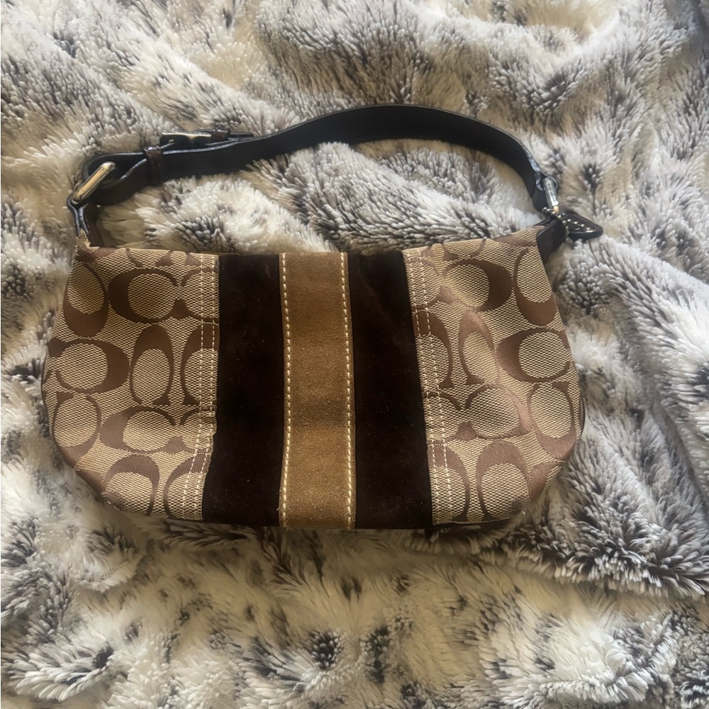 Coach Brown and Tan Shoulder Bag with Monogram Pattern